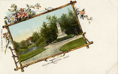 16260 Fantasiekaart met als voorstelling een prentbriefkaart in een houten lijstje met een gezicht in het ...